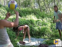 Drunk coeds play beach volley-ball and get hardly pumped